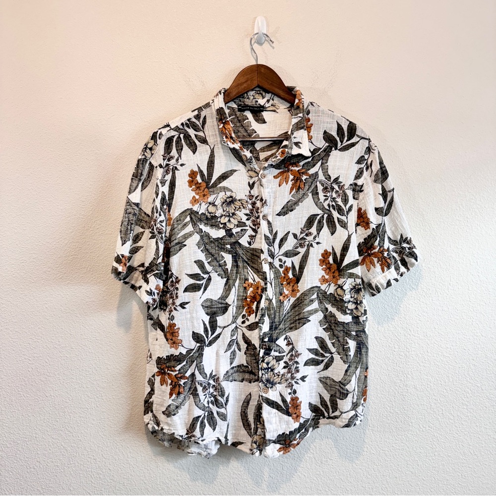 Floral Button-Down Short Sleeve Shirt - White with Olive & Rust Floral